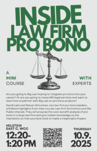 poster with law firm pro bono title and scales of justice