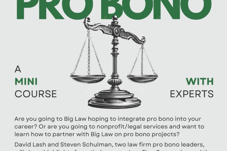 poster with law firm pro bono title and scales of justice