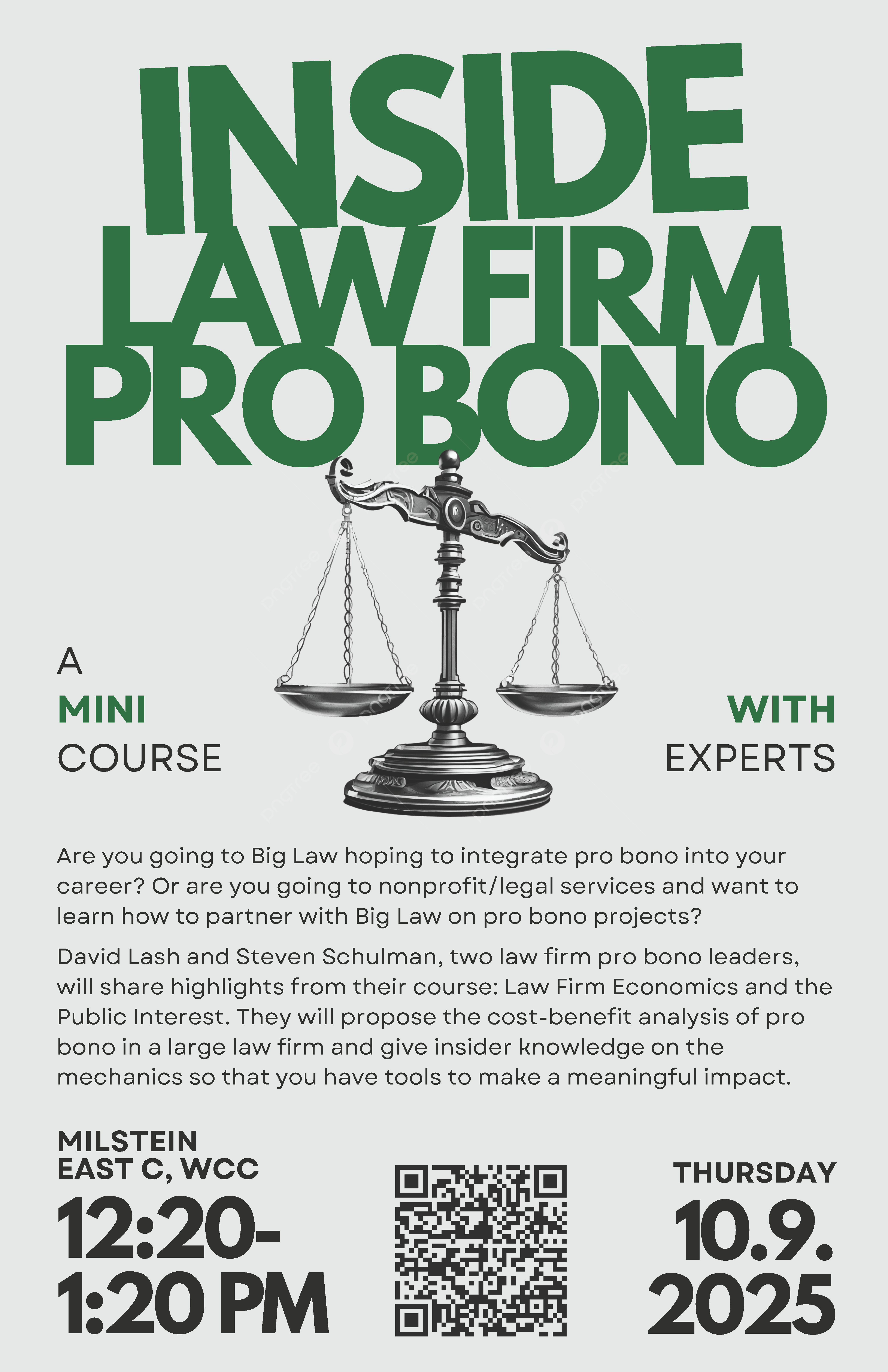 poster with law firm pro bono title and scales of justice