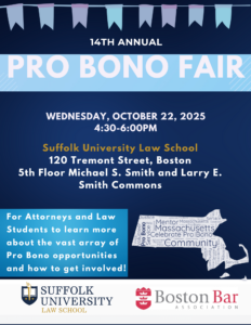 pro bono fair flyer with banner and state of massachusetts outline