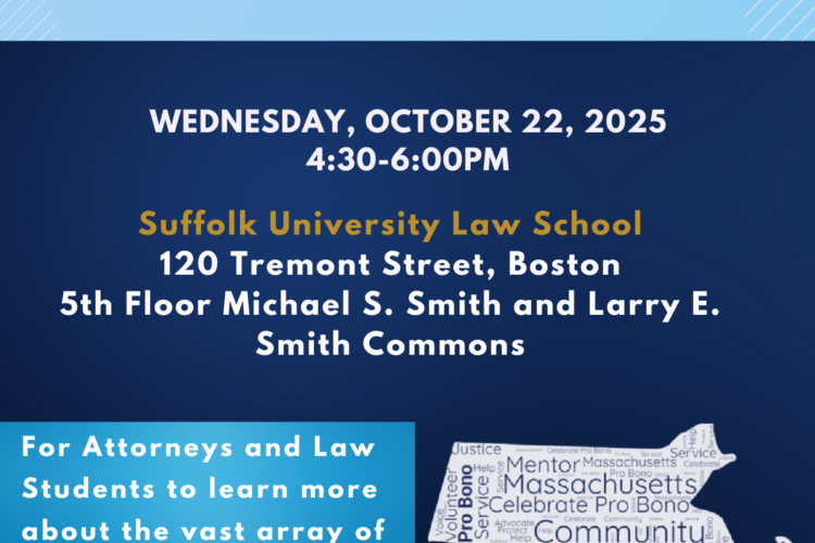 pro bono fair flyer with banner and state of massachusetts outline