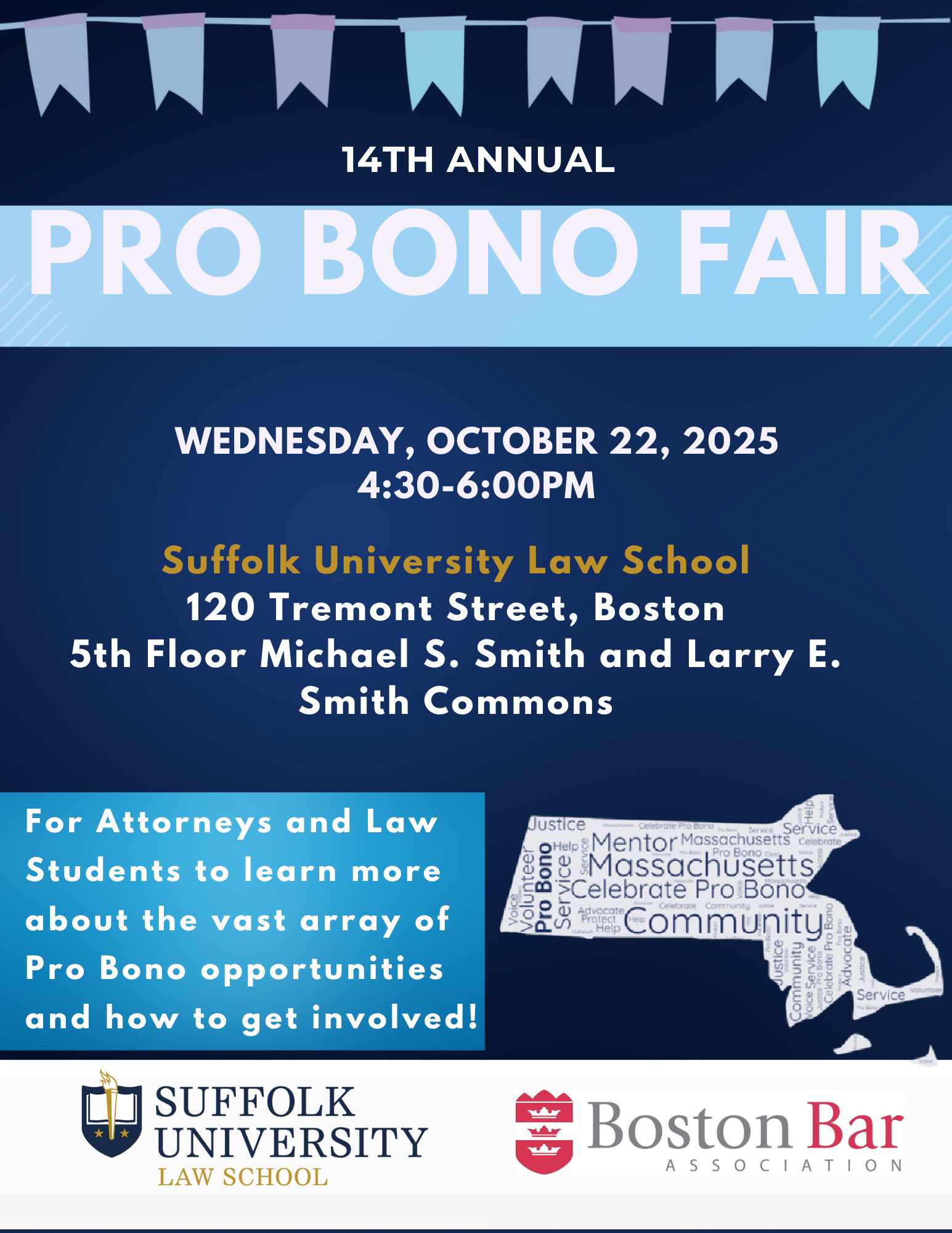 pro bono fair flyer with banner and state of massachusetts outline