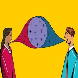 Two figures speaking different colors (blue and red) into a word bubble that turns purple in the center