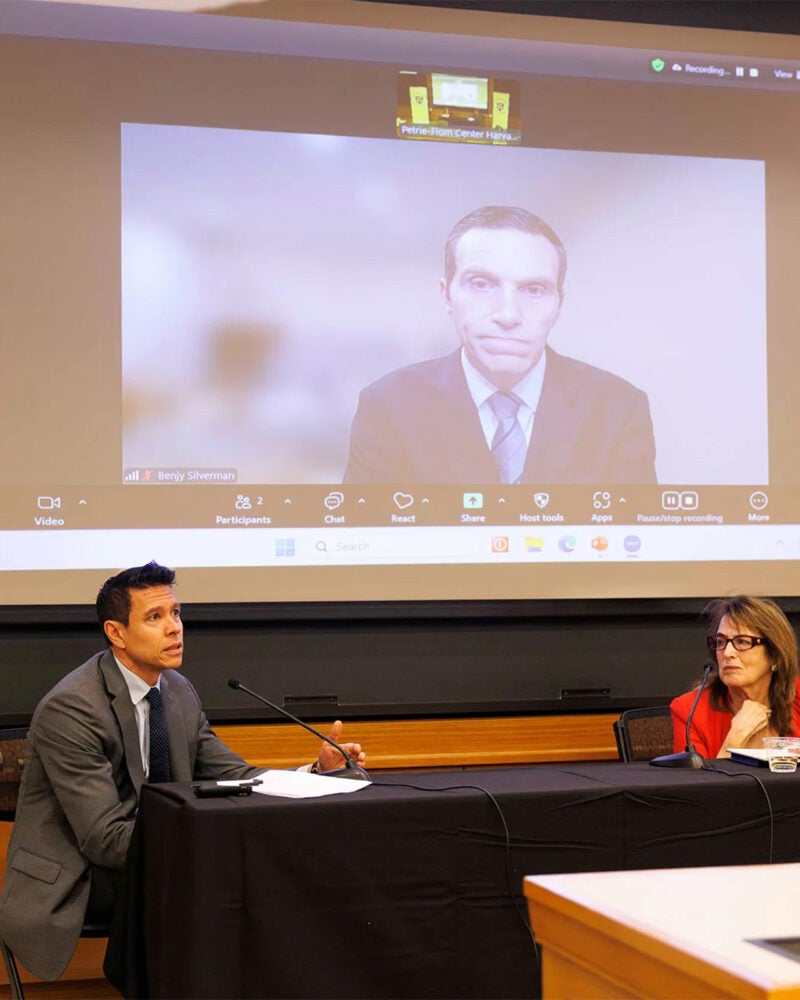 Francis Shen, Benjamin Silverman (on screen), and Nancy Gertner.