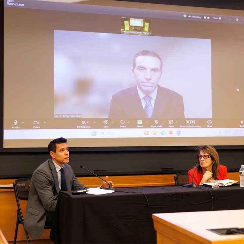 Francis Shen, Benjamin Silverman (on screen), and Nancy Gertner.