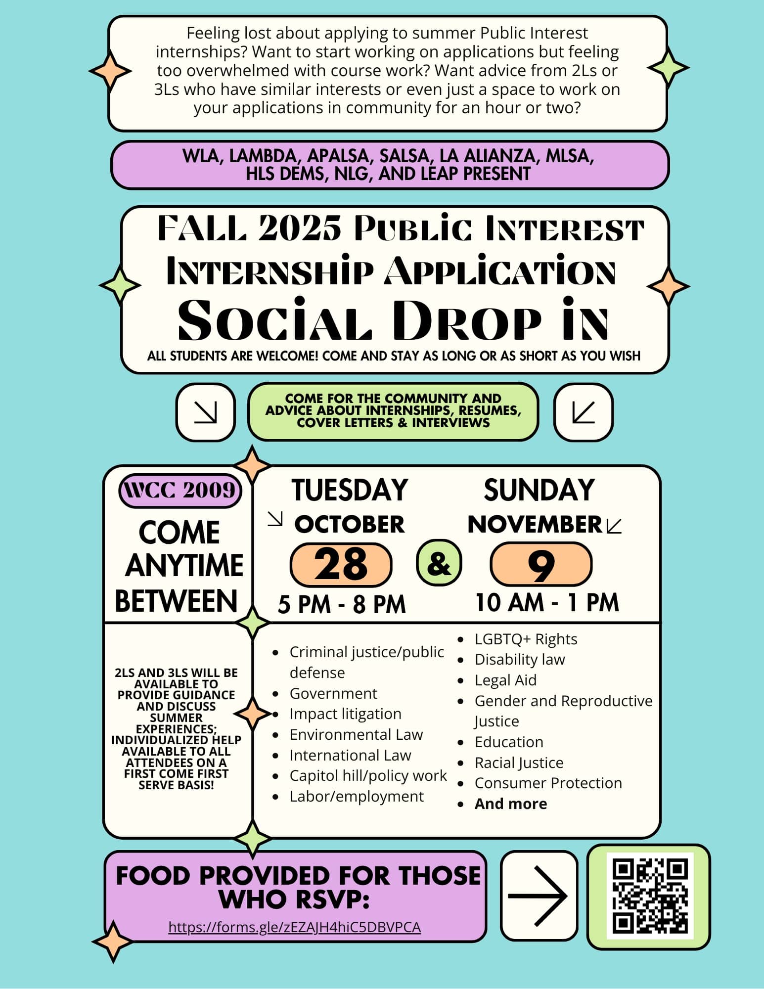 Public Interest Internship Application Social Drop In event poster