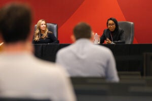 Tiffany Cunningham addresses an audience member.