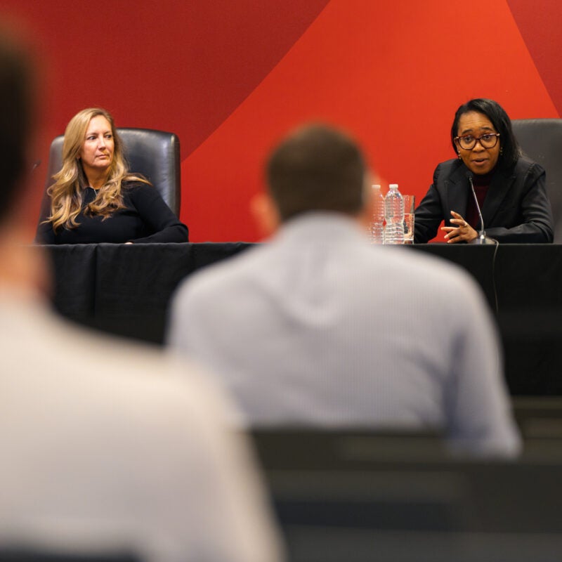 Tiffany Cunningham addresses an audience member.