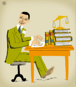 an illustration of Cole Porter sitting at a desk with books