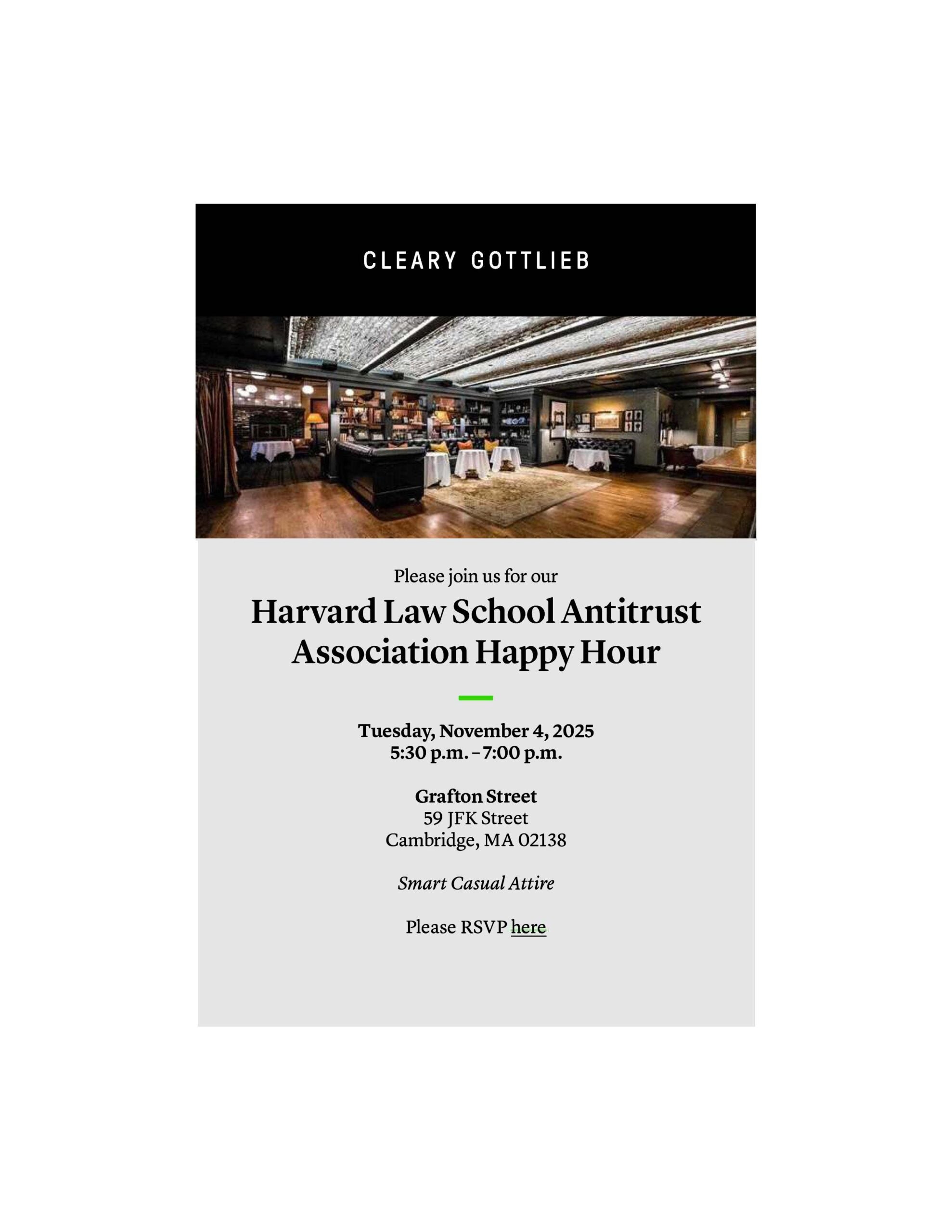 HLS Antitrust Association Happy Hour Event Poster