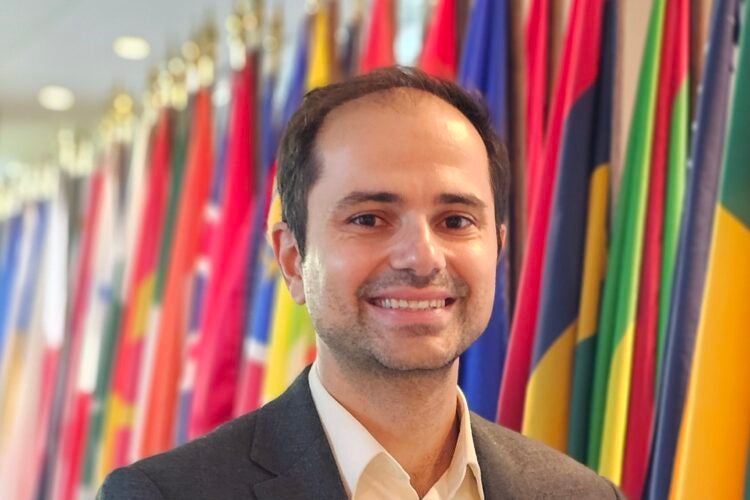 Person standing in front of flags