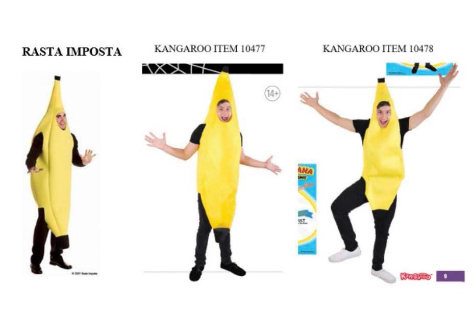 Three men wearing full-body banana costumes.