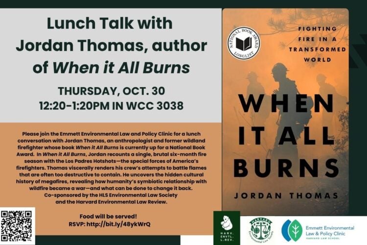 Event poster for lunch book talk, When it All Burns Down