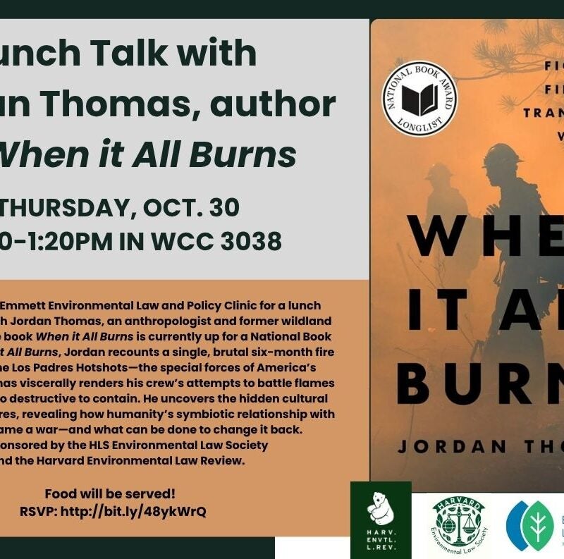 Event poster for lunch book talk, When it All Burns Down