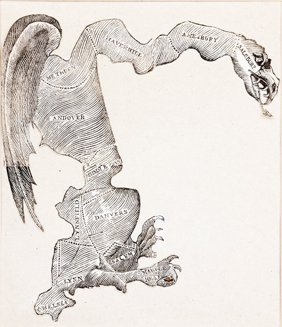 Massachusetts state senate election districts resembling a salamander with the addition of head and wings.