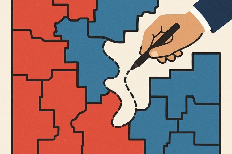 a map of blue and red pieces with a line drawn by a pen.