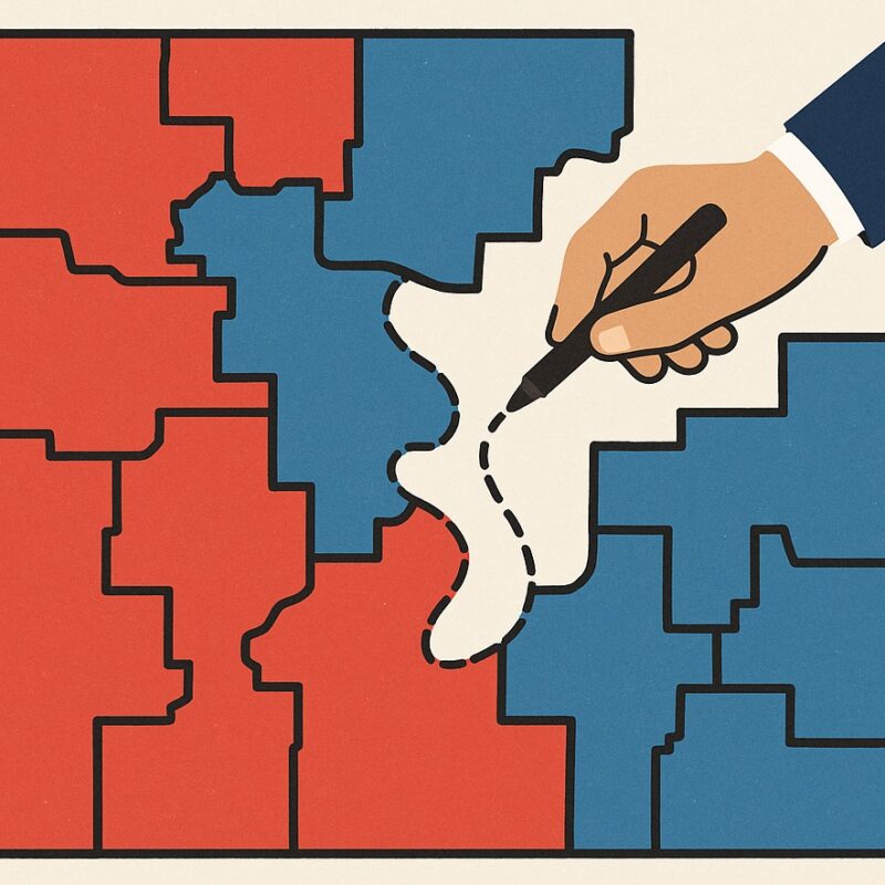 a map of blue and red pieces with a line drawn by a pen.