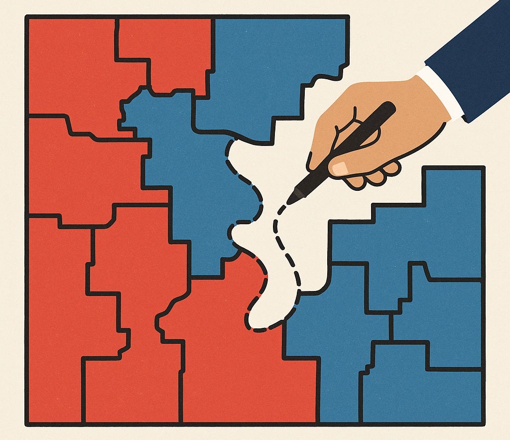 a map of blue and red pieces with a line drawn by a pen.
