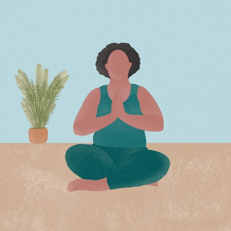 Illustration of a woman sitting cross-legged doing yoga.