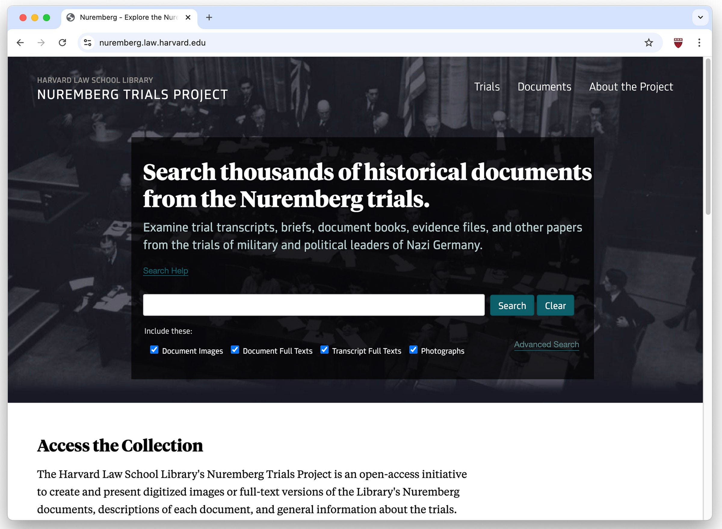 Screen shot of Nuremberg Trials Project homepage.