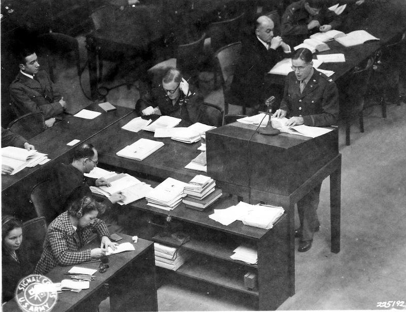 Colonel Leonard Wheeler Jr. speaking for the prosecution at Nuremberg.