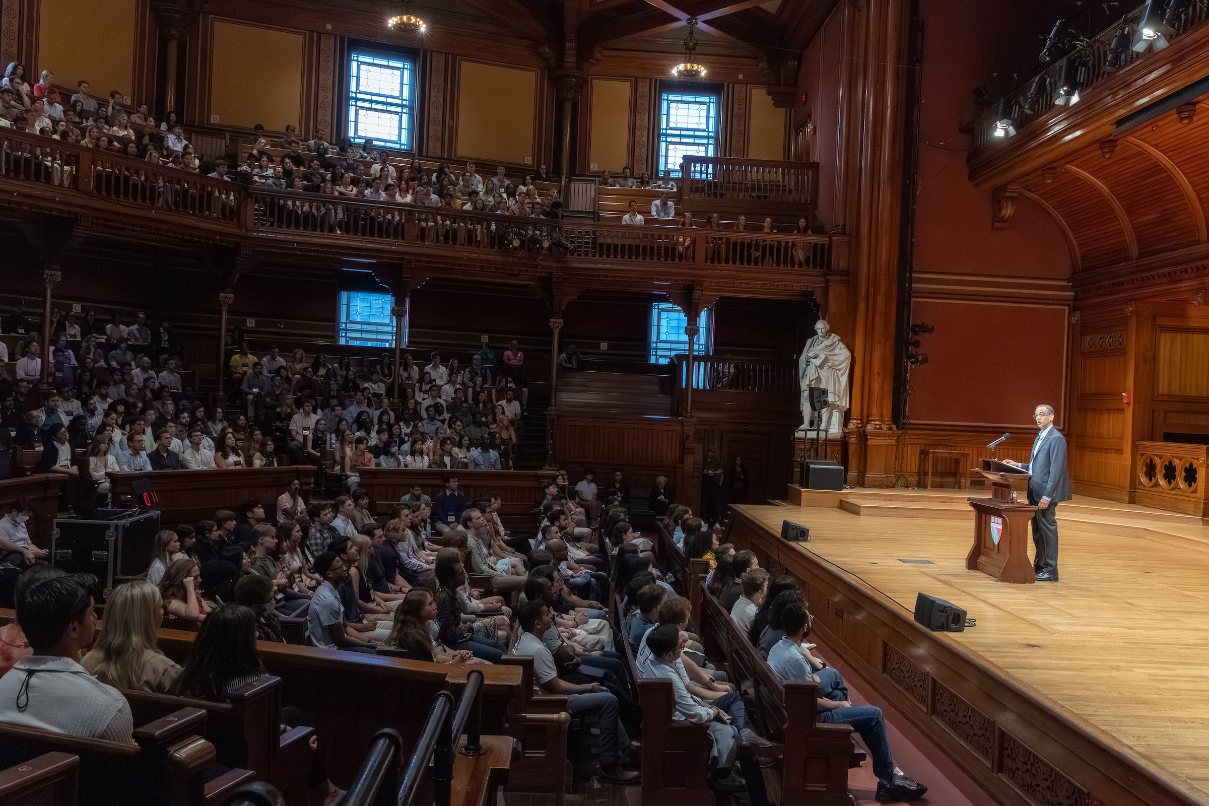 Overview of audience and stage of Sander's Theatre.