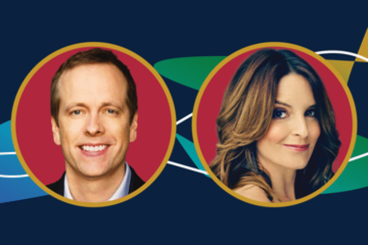 Headshots of Robert Carlock and Tina Fey on a dark blue background under the header 