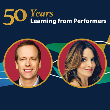 Headshots of Robert Carlock and Tina Fey on a dark blue background under the header 