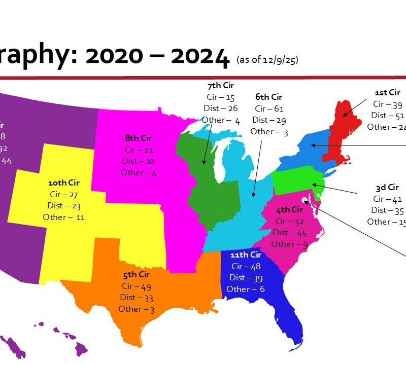 Map of the United States showing the number of clerkships in each federal circuit. For detailed alternative text see the section 
