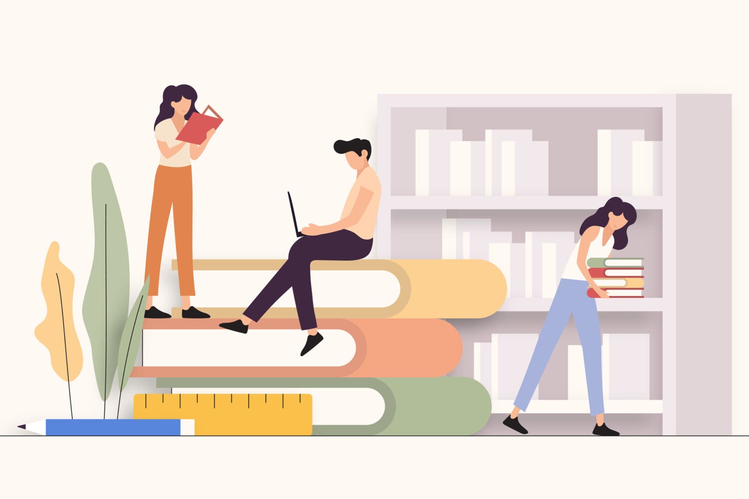 Illustration of students sitting and standing on large books.