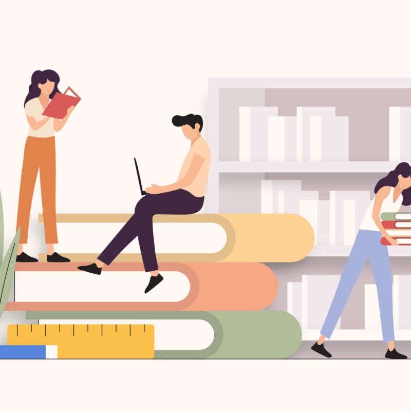 Illustration of students sitting and standing on large books.