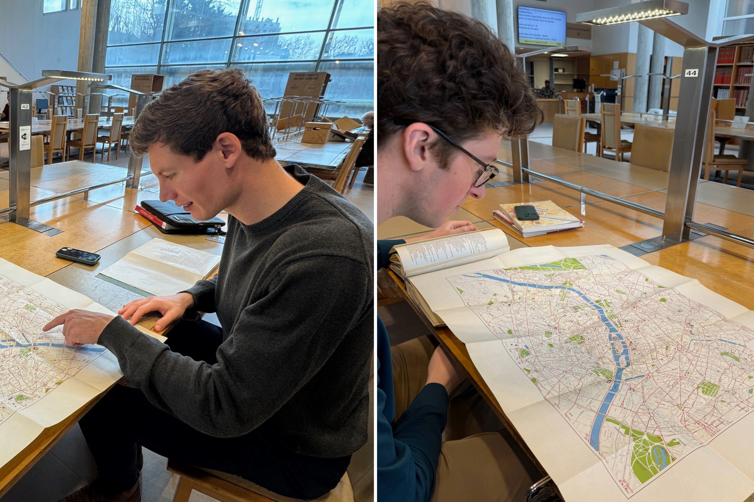 Carson Maconga and Richard Sweeney studying maps.