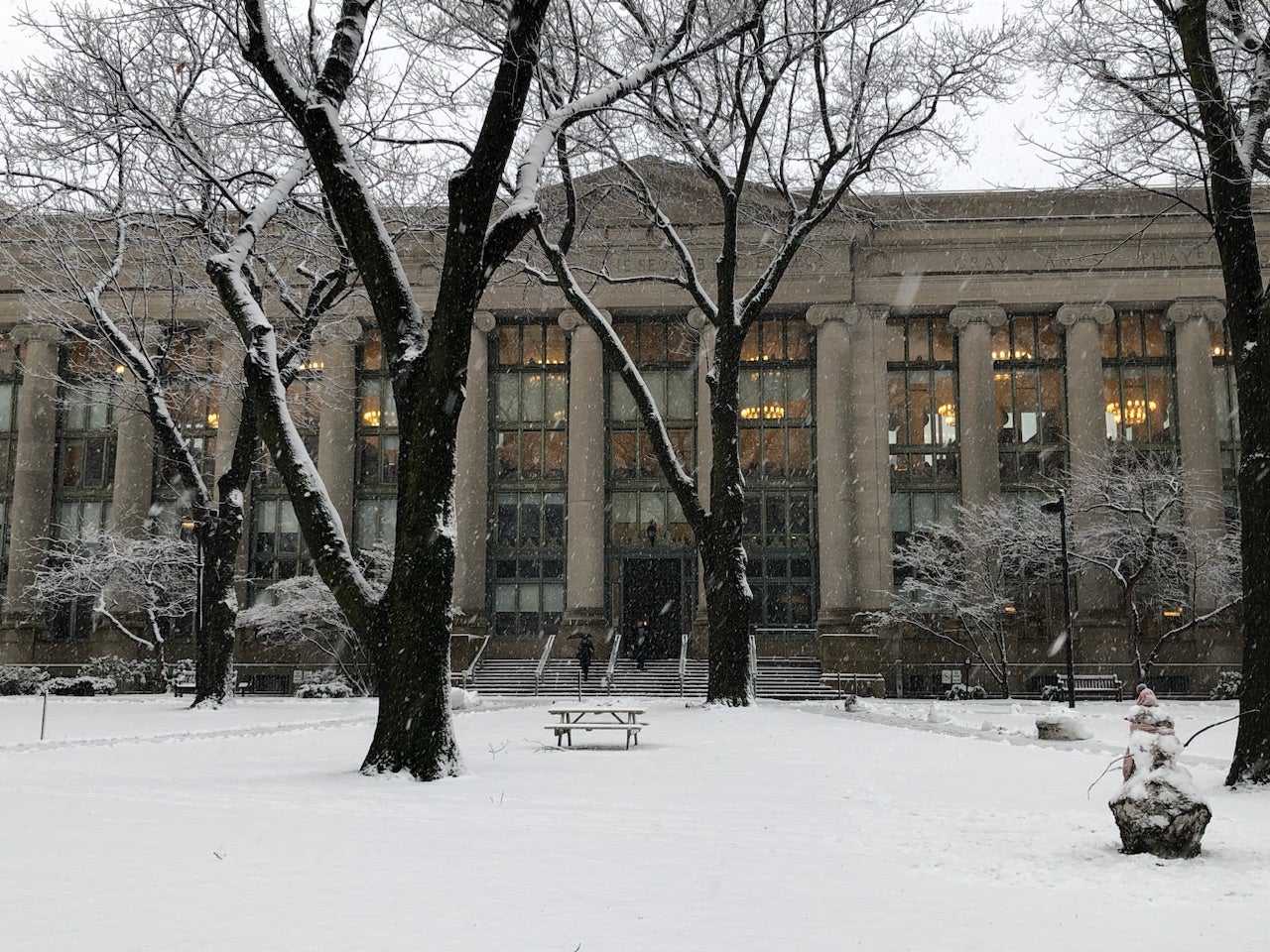 Langdell Hall on a snowy day.