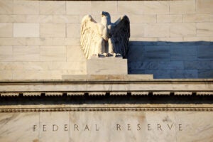 Close up of eagle detail on the Federal Reserve building in Washington D.C.