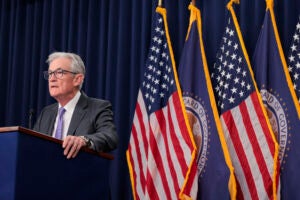 Jerome Powell speaks at a press conference.