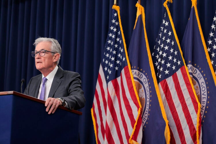 Jerome Powell speaks at a press conference.