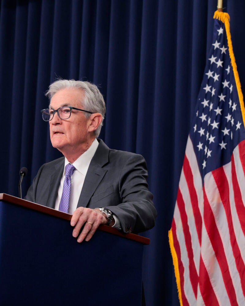 Jerome Powell speaks at a press conference.