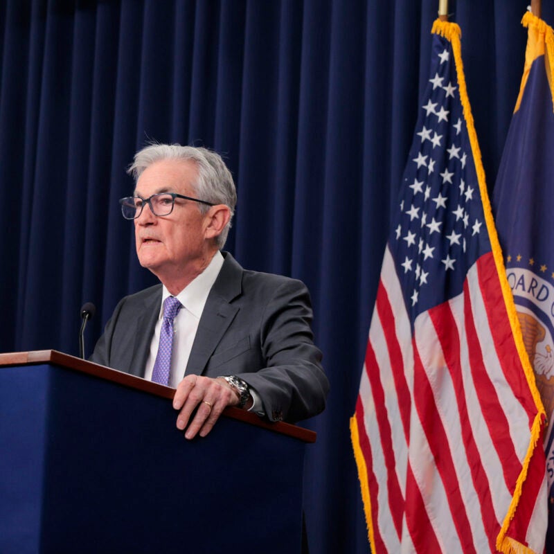 Jerome Powell speaks at a press conference.