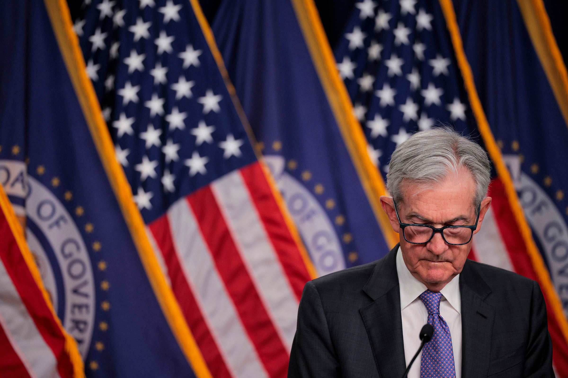 Jerome Powell speaks at a press conference.