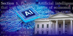 White House silhouette against computer chip surface with letter AI featured