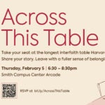 A poster featuring a drawing of a long dining table. The text reads: Across This Table. Take your seat at the longest interfaith table Harvard has ever set. Share your story. Leave with a fuller sense of belonging. Thursday, February 5 | 6:30-8:30pm. Smith Campus Center Arcade. RSVP at bit.ly/AcrossThisTable