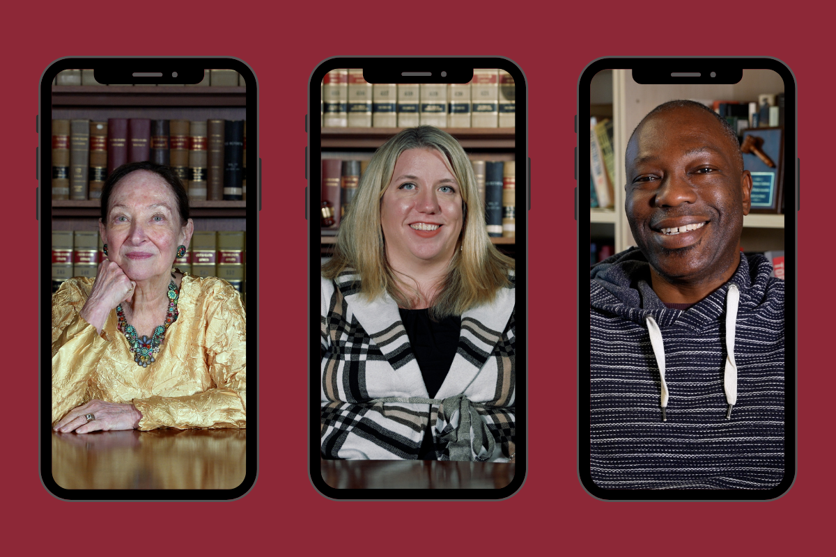 Three stills of faculty doing interviews.