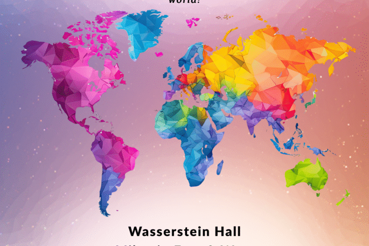 Graphic with watercolored map of world. Text reads, 