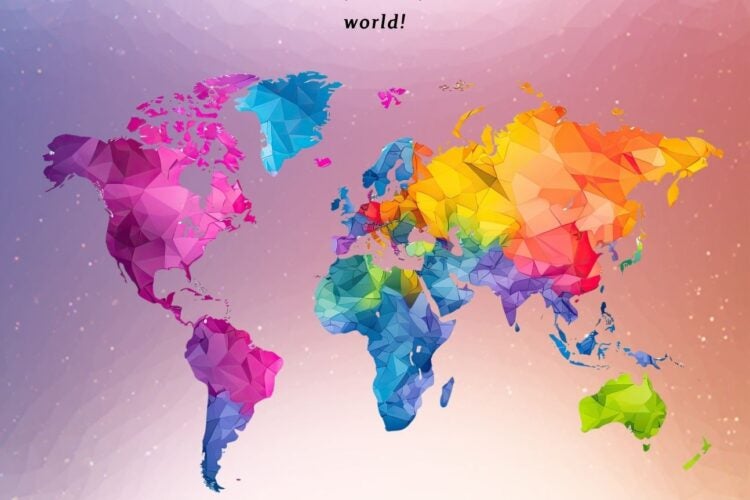 Graphic with watercolored map of world. Text reads, 