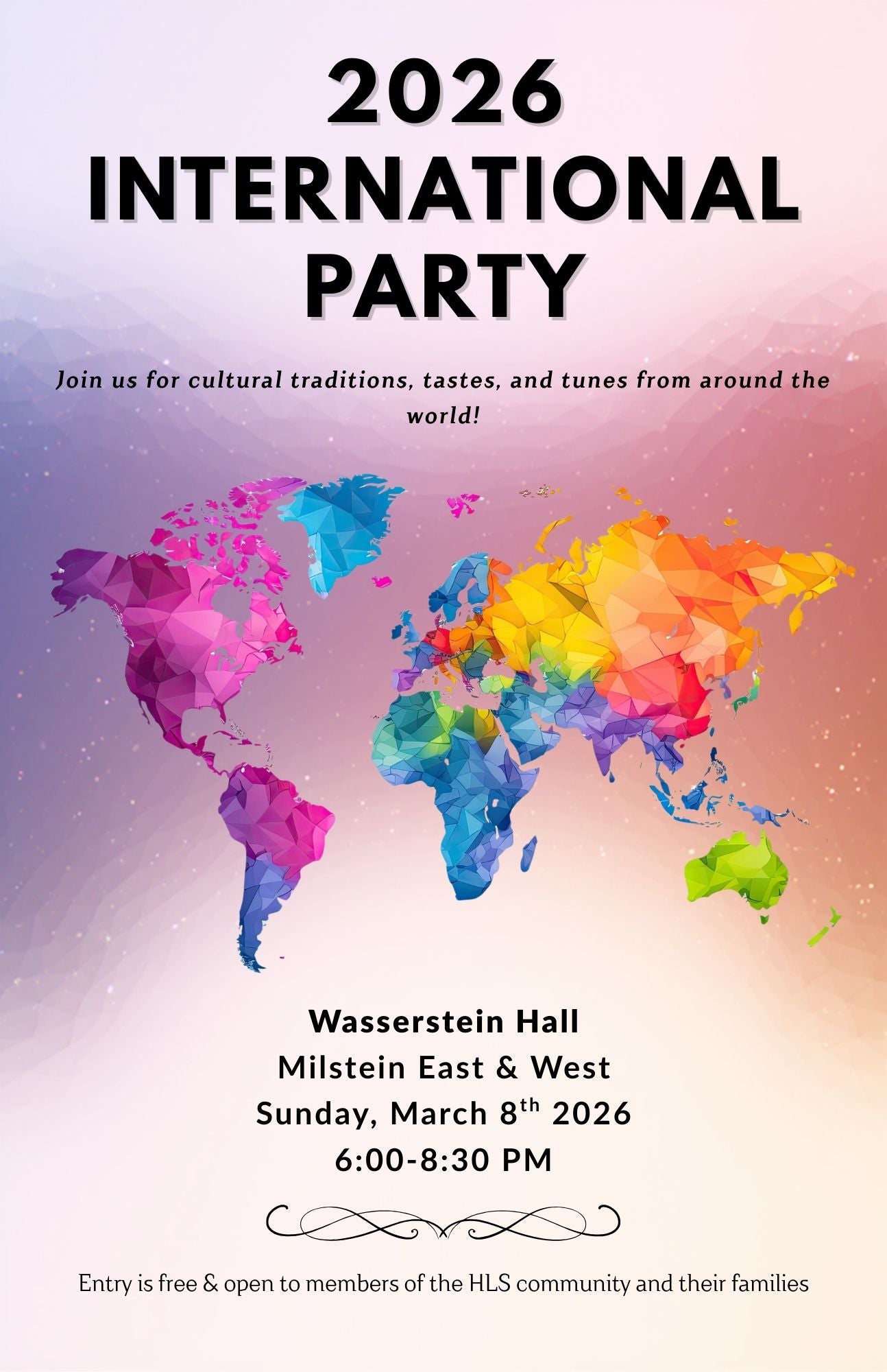 Graphic with watercolored map of world. Text reads, 