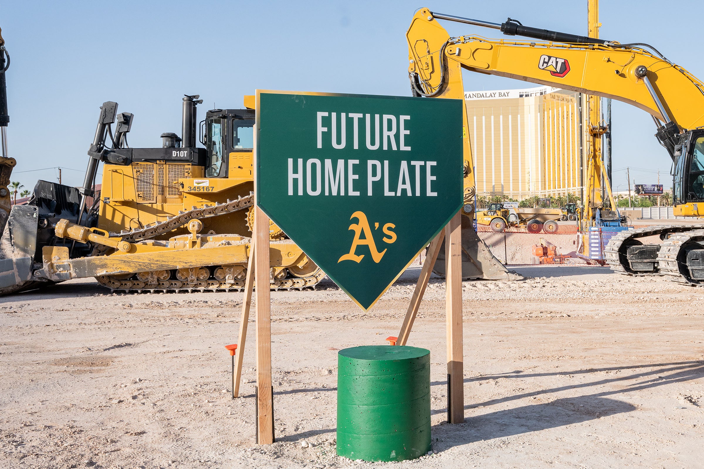 Sign marking the future spot of home plate on the A's Ballpark site in Las Vegas.