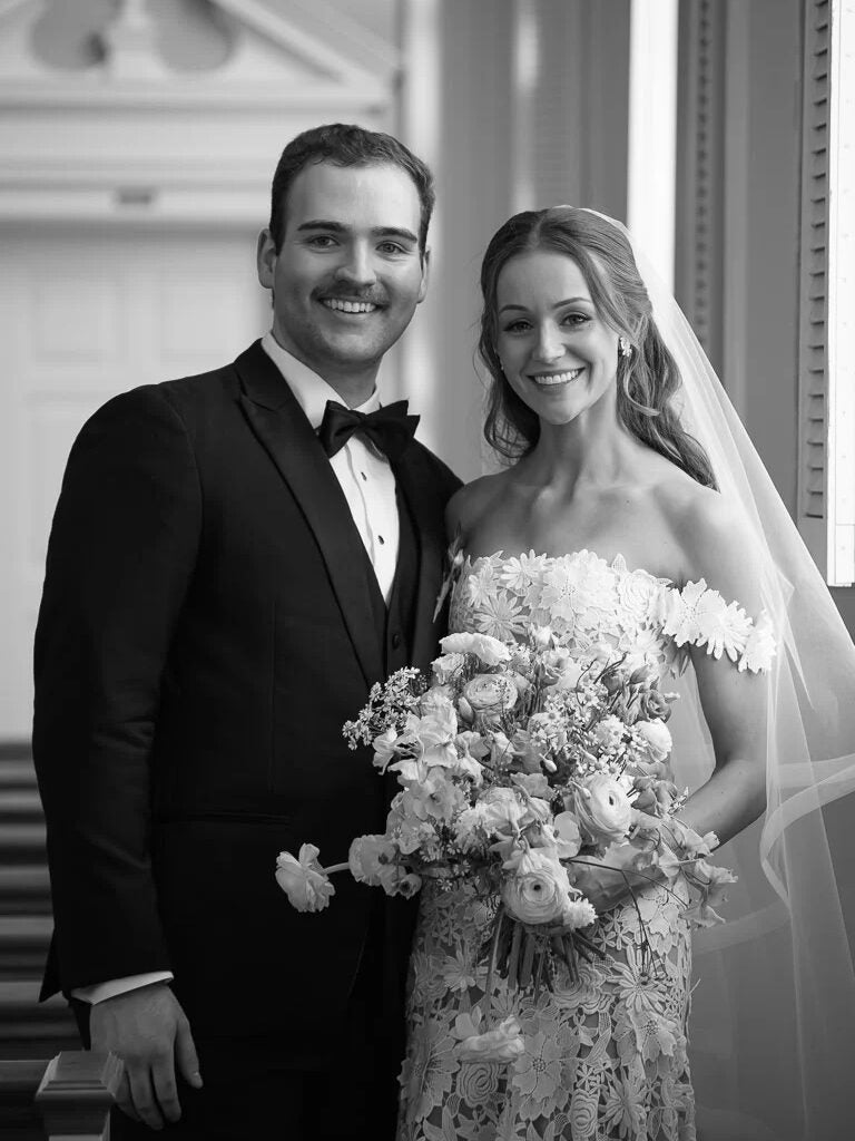 Black and white portrait of couple on wedding day.