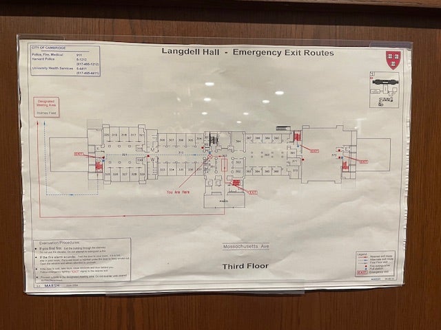 Langdell Hall escape route map with emergency exits.
