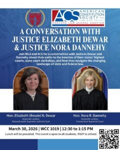 American Constitution Society event poster with Justices Elizabeth Dewar and Nora Dannehy
