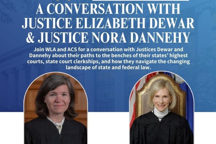 American Constitution Society event poster with Justices Elizabeth Dewar and Nora Dannehy